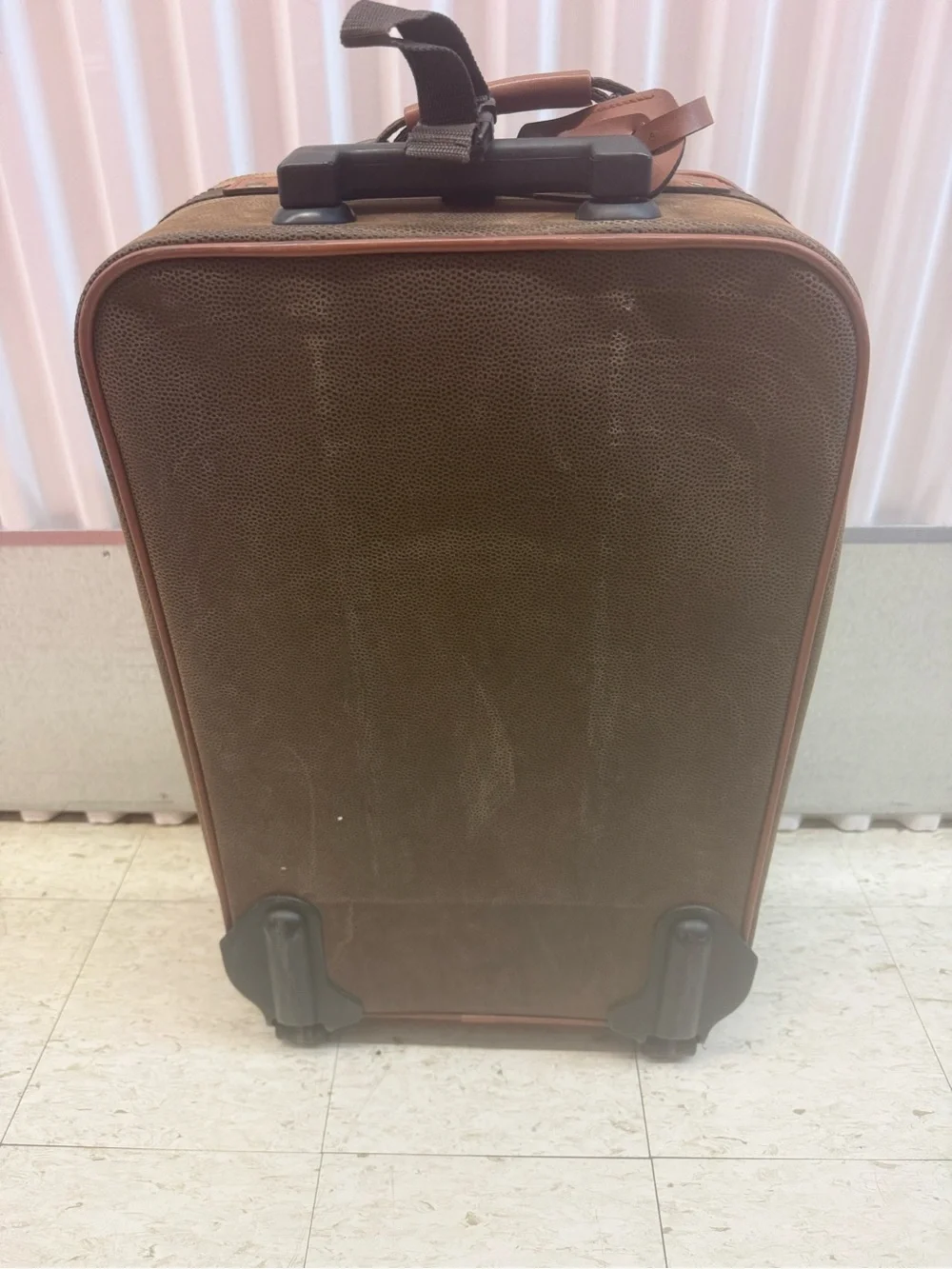 Brown Rolling Carry-On Suitcase with Leather Trim